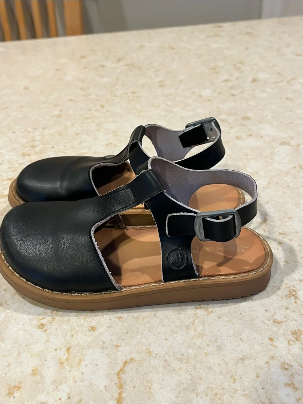 Kids Black T-Strap Leather Sandals